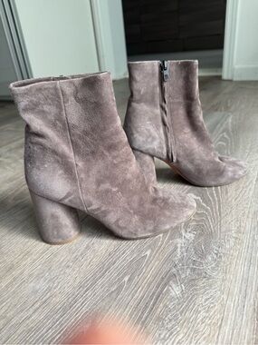 Vince Taupe Suede Round Toe Block Heel Ankle Boots
